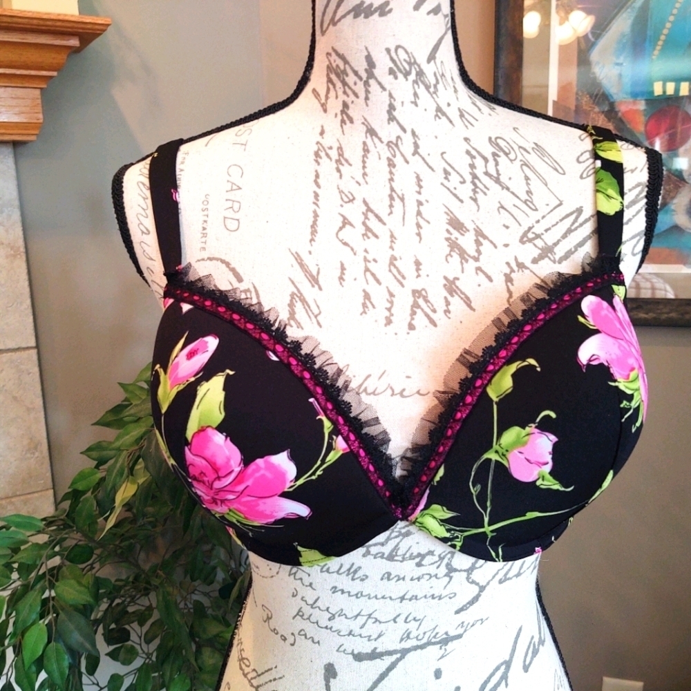 💥3/$20 Pink Floral Lace Black Bra 40C Fashion Bug!